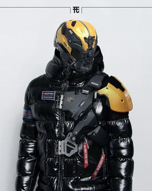 Futuristic Soldier with Yellow and Black Helmet and Puffy Jacket