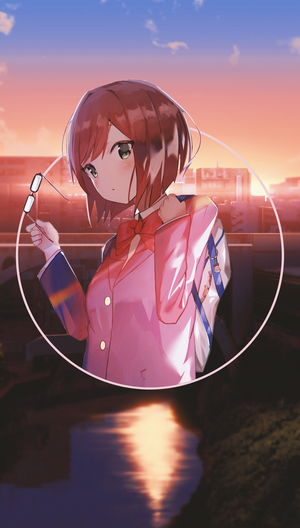 Anime girl in school uniform holding glasses at sunset