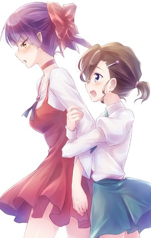 Two anime girls, one in a red dress and one in a school uniform