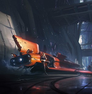 Woman leaning on a futuristic orange spaceship in a hangar