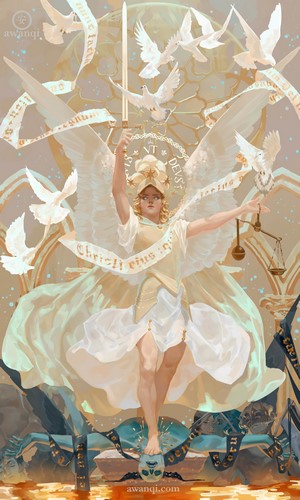Angel with sword and scales, doves, and armor