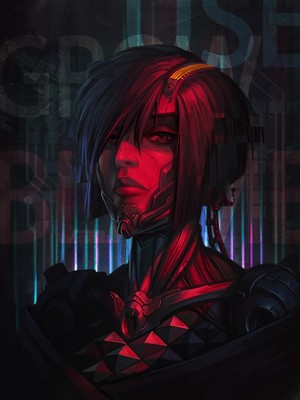 Cyberpunk woman with red lighting and glitch effects