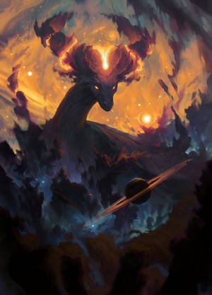 Cosmic Dragon with Fiery Antlers and Saturn in Nebula