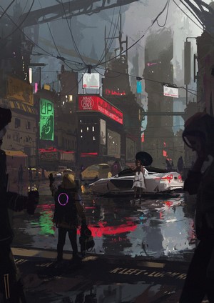 Cyberpunk city street with futuristic vehicles and people