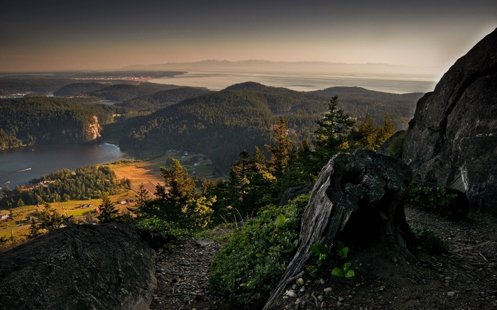 View from a rocky mountain overlooking a bay and forested hills