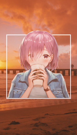 Anime girl with pink hair drinking from a Starbucks cup at sunset