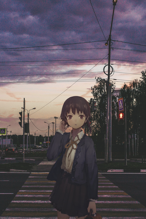 Lain Iwakura from Serial Experiments Lain at a crosswalk