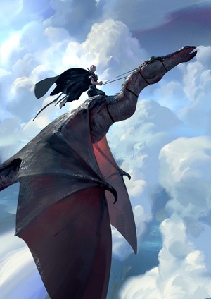 Person riding a dragon through clouds