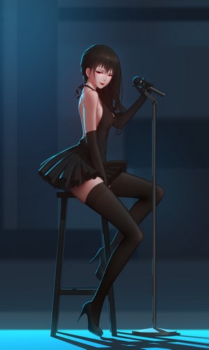 Anime girl in black dress singing on stage