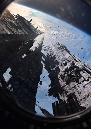 Digital artwork of a futuristic city in space above Earth