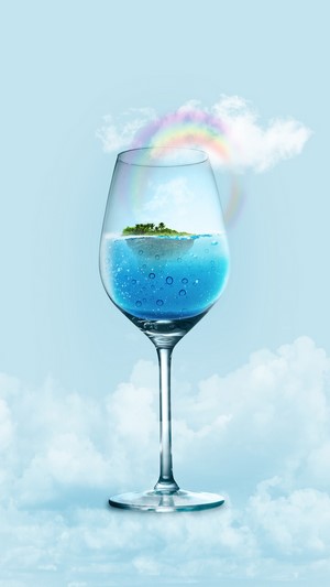 Island in a glass with rainbow and clouds
