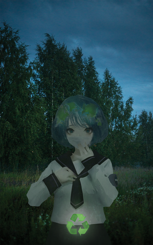 Earth-chan wearing a mask in a forest