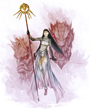 Woman with staff and sword and dragons