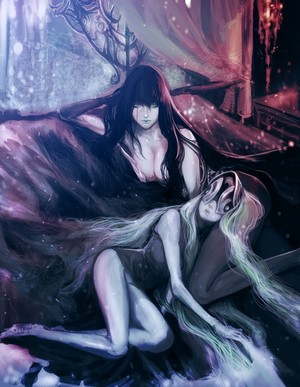 Two fantasy women in dark, flowing gowns
