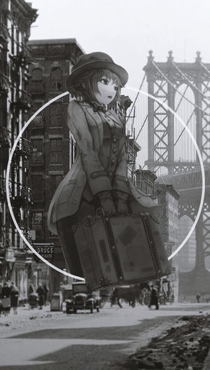 Anime girl in vintage clothing with suitcase in New York