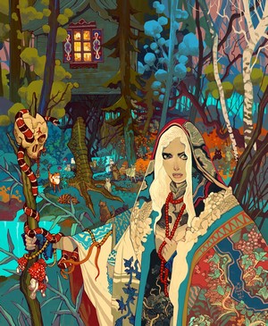 Witch with snake staff in a colorful forest