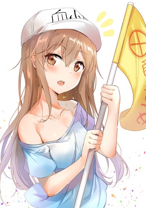 Platelet-chan from Hataraku Saibou holding a flag