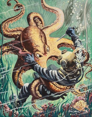 Diver fighting a giant octopus underwater