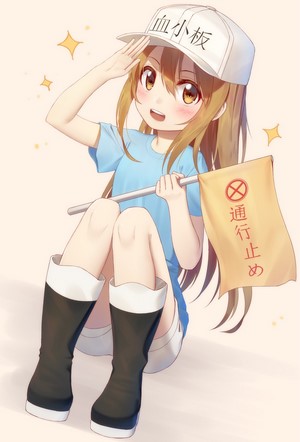 Platelet from Cells at Work! wearing a hat and boots