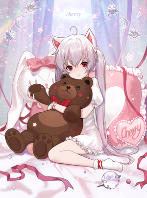 Anime girl with cat ears holding a teddy bear