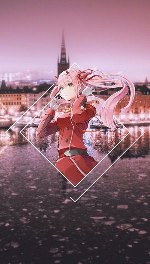 Zero Two from Darling in the FranXX in front of a city skyline