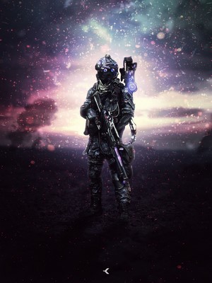 Soldier with rifle in a cosmic landscape