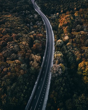 Aerial view of a highway through an autumn forest
