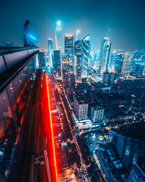 Man with Lightsaber on Guangzhou Rooftop