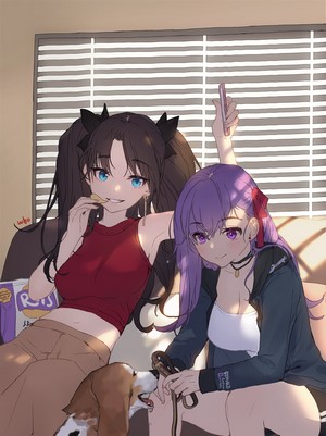Rin Tohsaka and Sakura Matou from Fate/Stay Night with a dog