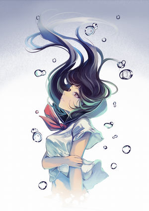 Anime girl with dark hair underwater with bubbles