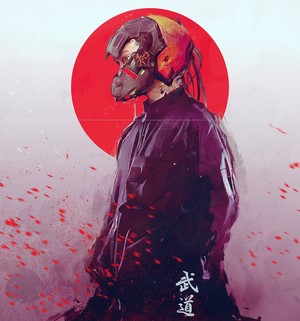 Cyberpunk warrior with red sun background