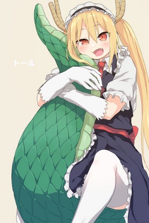 Tohru from Kobayashi-san Chi no Maid Dragon hugging a dragon tail