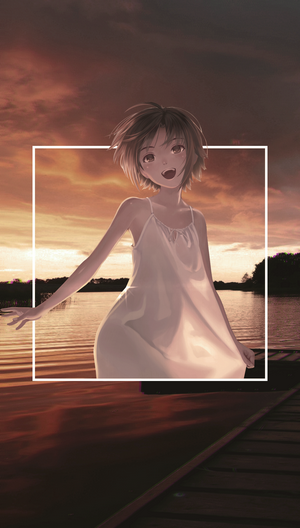 Anime girl in white dress on a dock at sunset