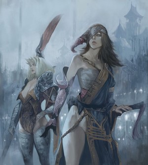 Two fantasy women with swords in a city