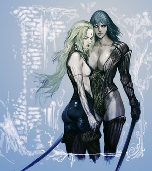 Two fantasy women with swords in icy environment