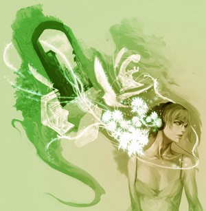 Fantasy girl listening to music with piano and birds