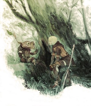 Fantasy art of a frog-like creature and a person in a forest