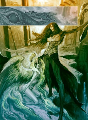 Fantasy art of two women and a dragon