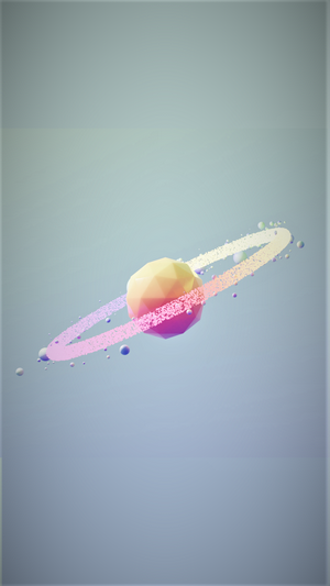 Low poly planet with colorful rings and orbiting spheres