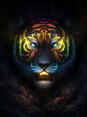 Artwork of a rainbow tiger emerging from clouds