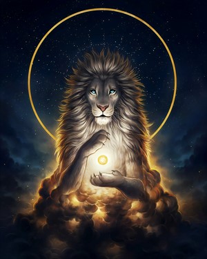White Lion with Golden Halo Holding Orb