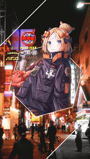 Anime girl with teddy bear in Tokyo street