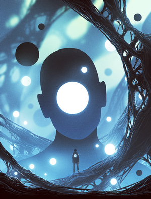 Surreal digital artwork with a silhouette figure