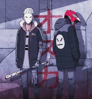 Two cybernetic figures with masks and weapons