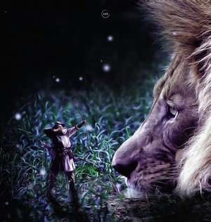 Archer aims bow at giant lion in dark jungle