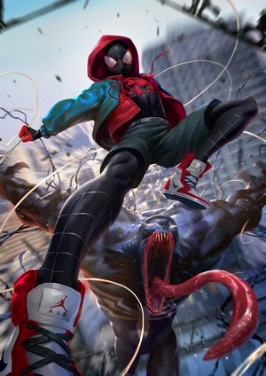 Miles Morales Spider-Man fighting Venom by Derrick Chew
