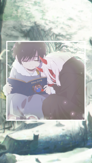 Zero Two and Hiro from Darling in the FranXX reading a book