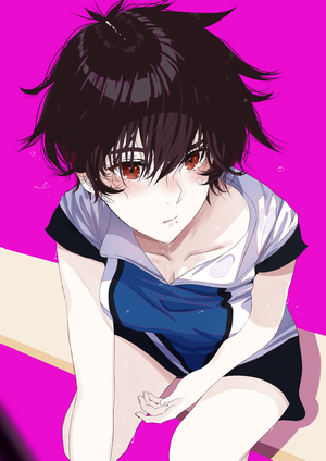 Girl with short dark hair and red eyes