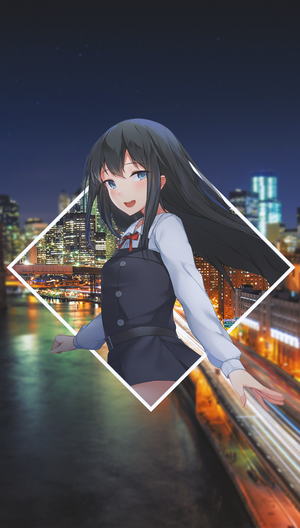 Anime girl in front of a city skyline at night