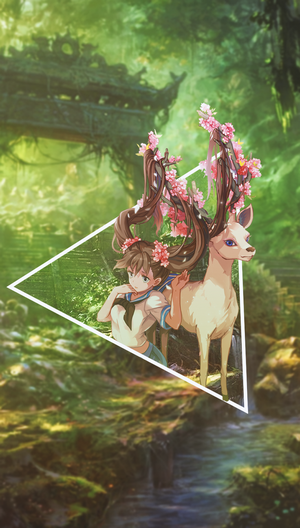 Anime girl and deer with flowers in forest